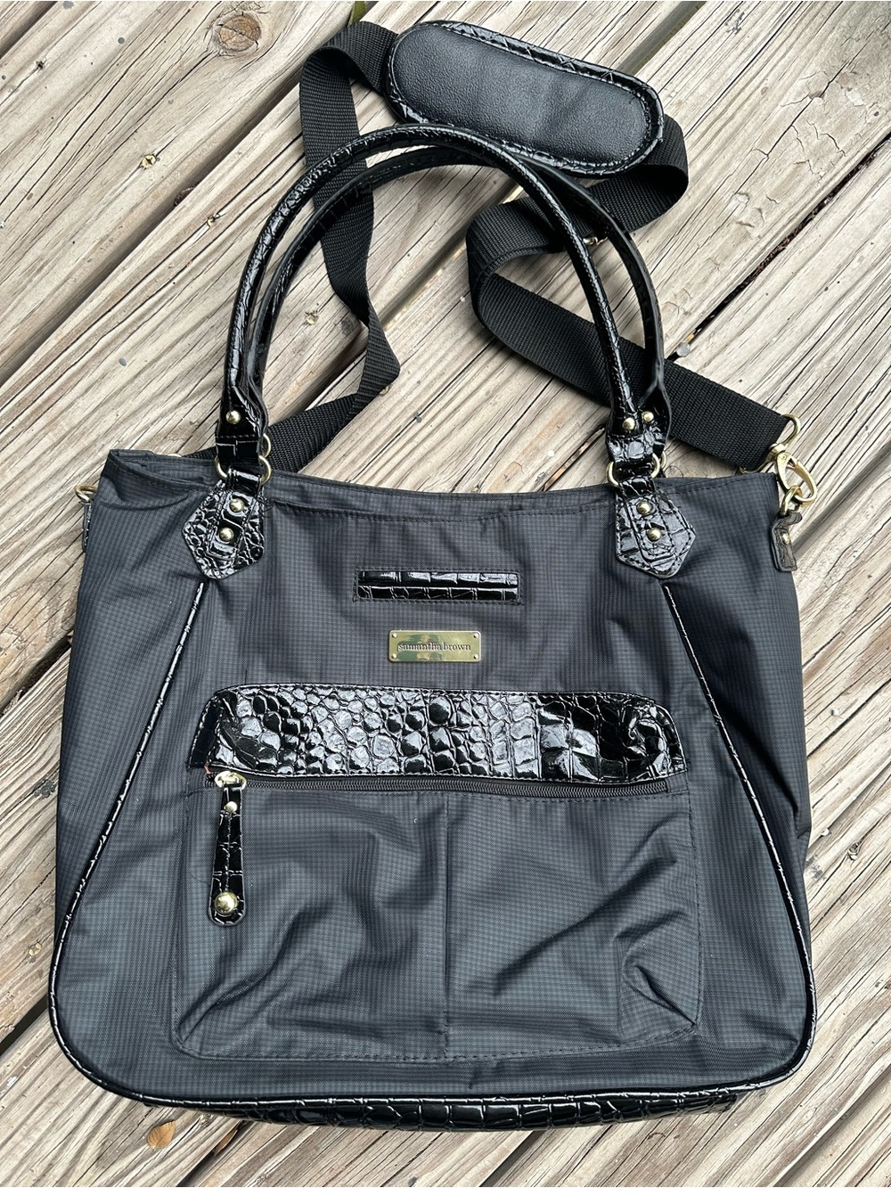 Stylish Black Tote with Croc-Accent Trim